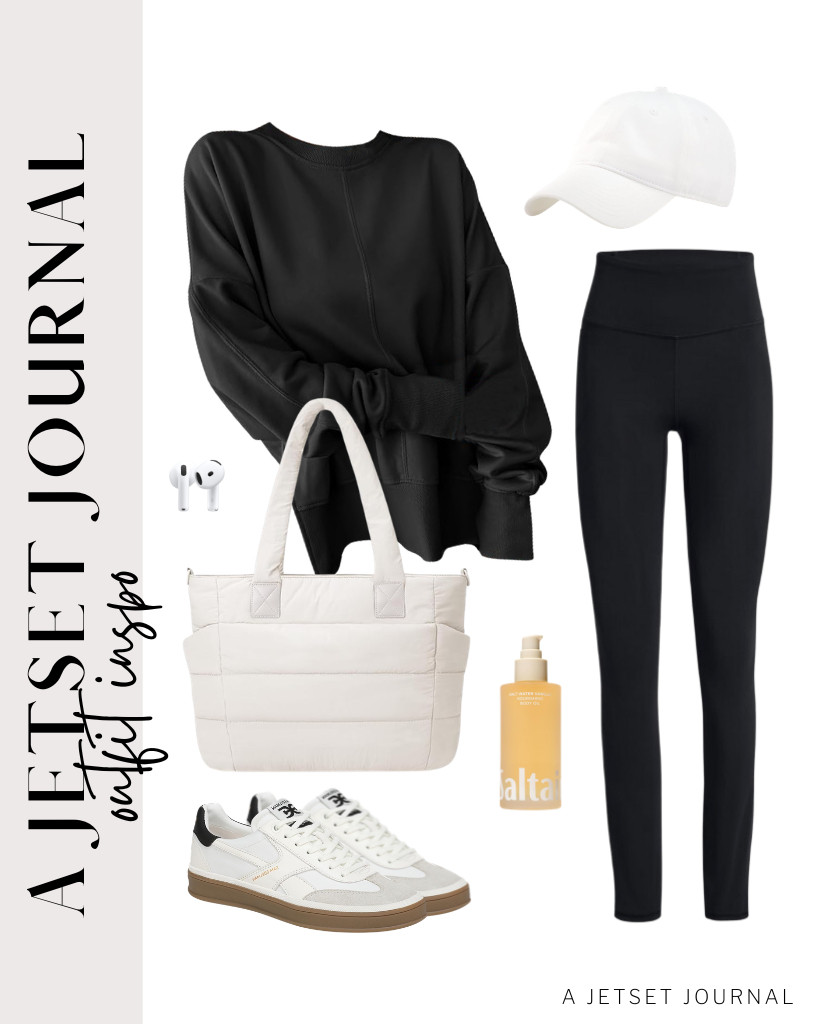 For a travel day, consider wearing a black-on-black combination of a crewneck sweater and leggings. This outfit looks great paired with a white baseball cap and sneakers. 

 #LTKSeasonal #LTKSaleAlert