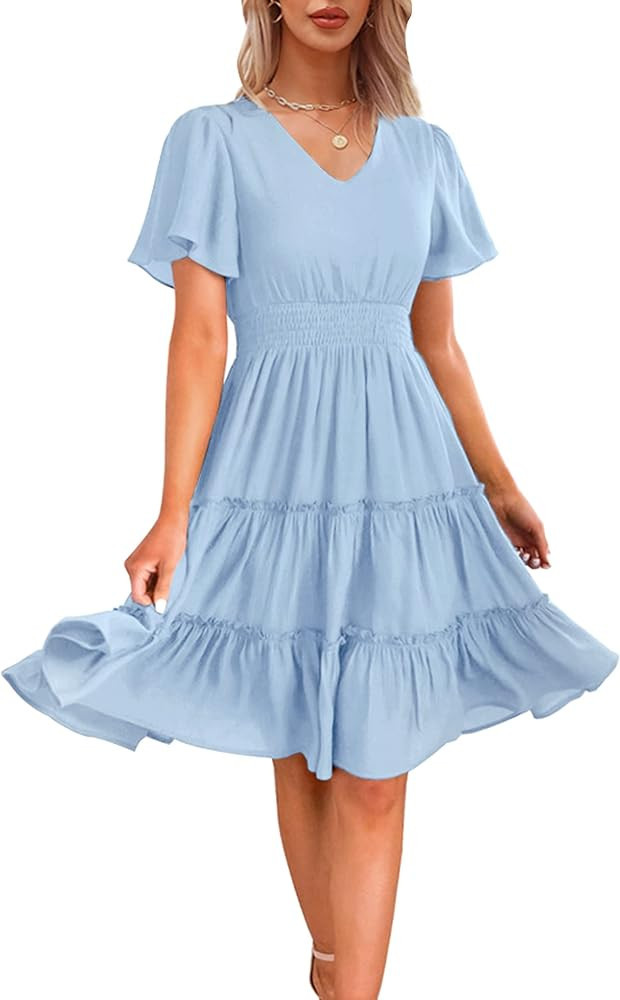 Zattcas Women 2024 Long Sleeve Sping Dresses V Neck Smocked Waist Casual Flowy A Line Tiered Work... | Amazon (US)