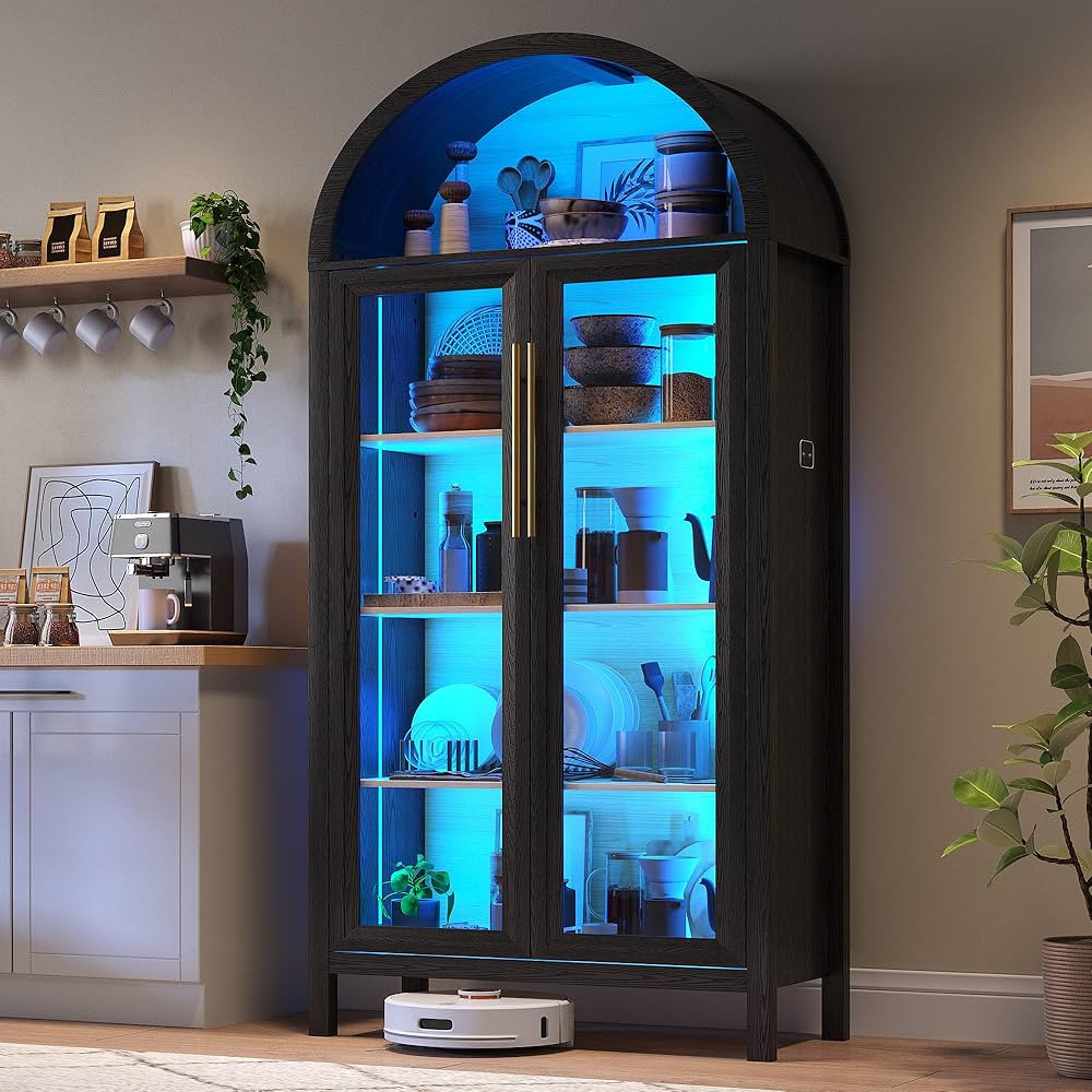Arched Kitchen Pantry Cabinet with Glass Doors, Display Curio Case with 3 Color LED Lights for Co... | Amazon (US)