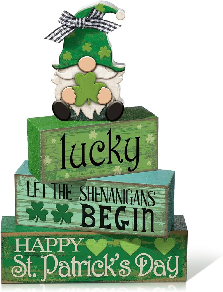4 Pcs St. Patrick's Day Table Decoration Irish Tiered Tray Decor Wooden Gnome Shamrocks Block Sig... | Amazon (US)