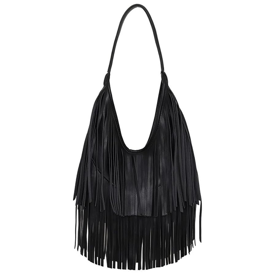 Faux Leather Fringed Hobo Bag Medium Slouchy Shoulder Handbag for Women | Amazon (US)