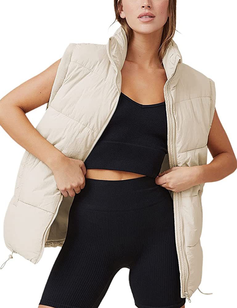 Qiaomai Womens Casual Puffer Vest Stand Collar Full Zip Sleeveless Padded Puffy Gilet | Amazon (US)