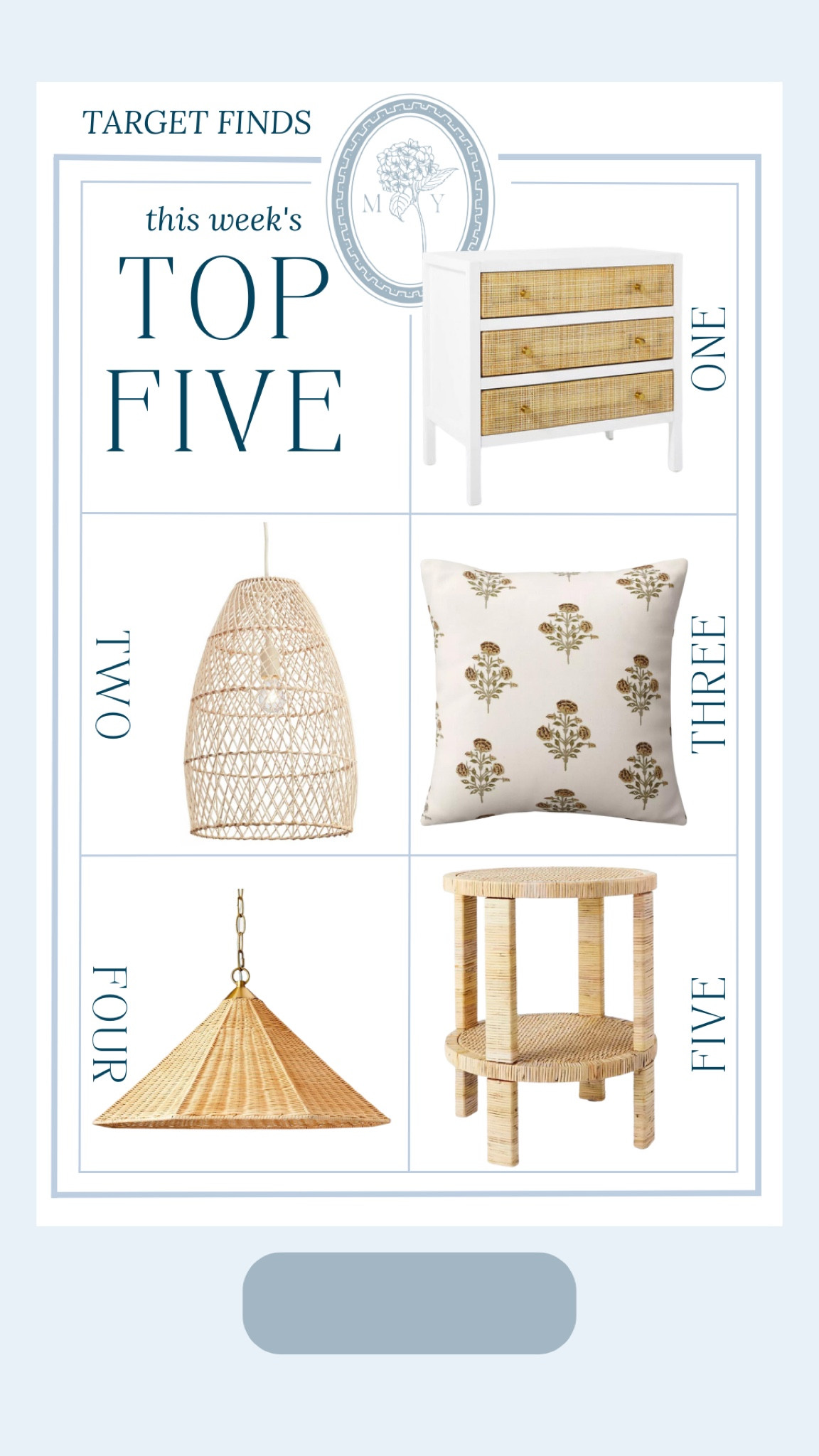 Favorite recent target finds! Looks for less! Coastal decor, coastal style, studio McGee for Target, target finds, interior decor, interior furniture, block print pillow, rattan pendant, rattan side table, nightstand, dresser 

#LTKhome