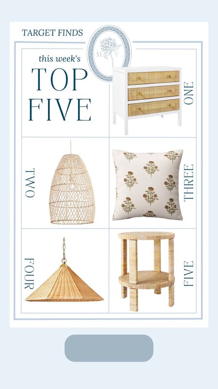 Favorite recent target finds! Looks for less! Coastal decor, coastal style, studio McGee for Target, target finds, interior decor, interior furniture, block print pillow, rattan pendant, rattan side table, nightstand, dresser 

#LTKhome