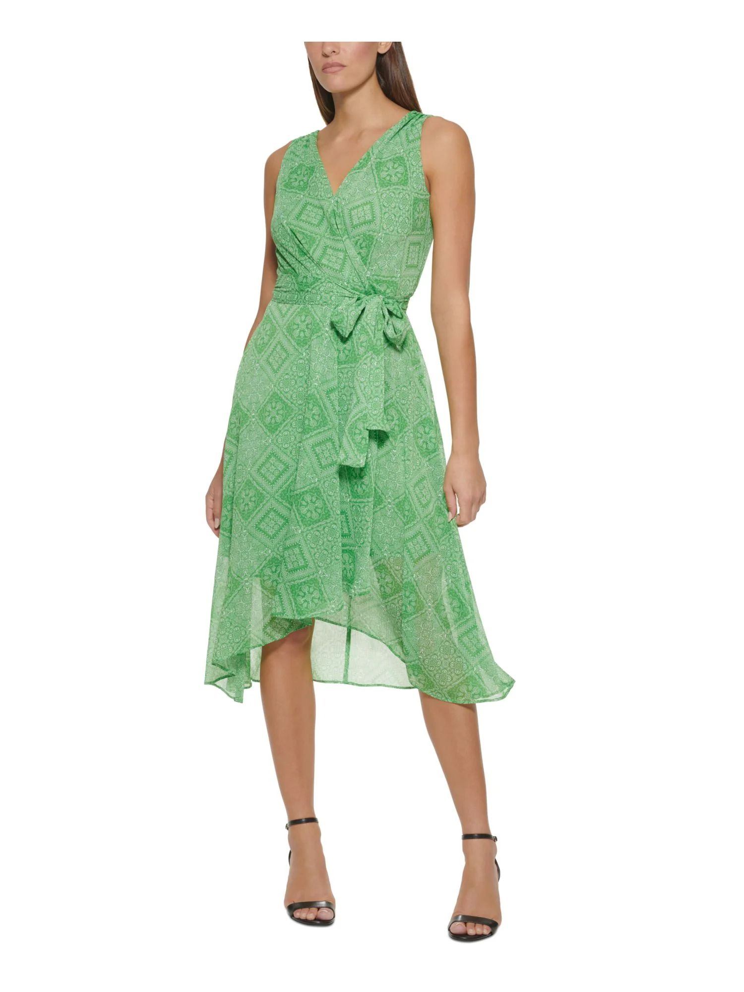 TOMMY HILFIGER Womens Green Zippered Pleated Lined Sheer Hi Lo Hem Printed Sleeveless Surplice Ne... | Walmart (US)