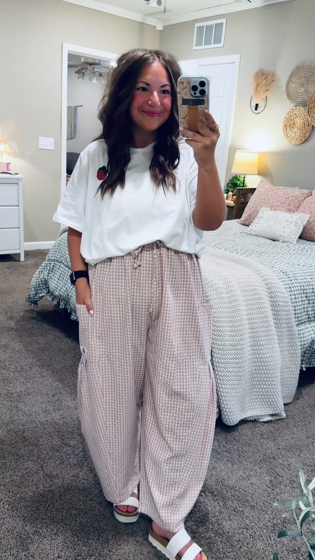 Sweet, simple, and a little bit fruity 🍓💕 This strawberry tee from Target is the cutest everyday piece—easy to throw on with fun pants or shorts and still feel put together. Perfect for those laid-back spring days! ☀️

sandals: fit true to size // wearing a 5
pants: fit oversized // wearing a large (could’ve sized down to a medium)
tee: fits true to size // wearing a large 

 #LTKootd #LTKMidsize #LTKWorkwear