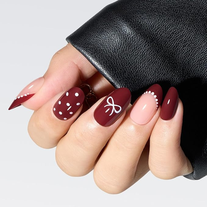 Modelones Dark Red Press on Nails Almond, Burgundy French Tip Polka Dot Bow Short Fake Nails, Reu... | Amazon (US)