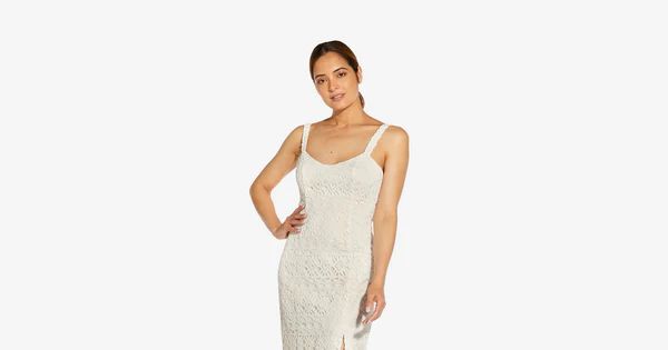 Crochet-Embroidered Midi-Length Sheath Cocktail Dress In Ivory | Adrianna Papell