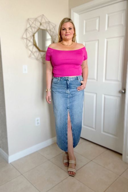 Pink off shoulder cropped top (size large), denim maxi skirt (size 12). Shoes size 10, TTS. Barbie  

#LTKstyletip #LTKSeasonal #LTKunder50