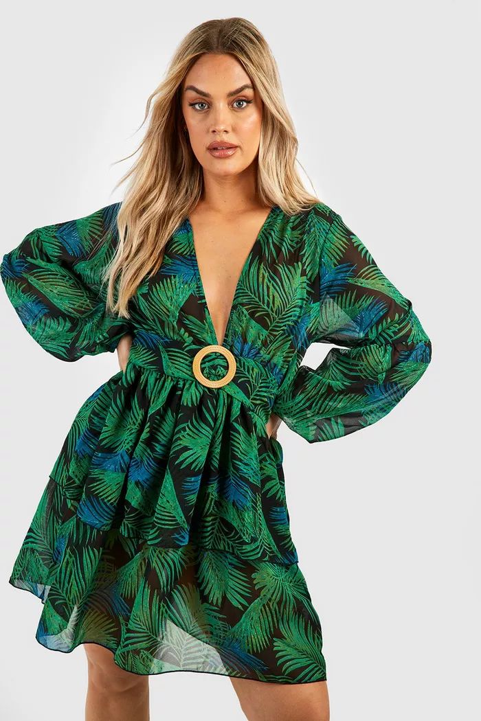 Plus Palm Raffia Buckle Beach Dress | boohoo (US & Canada)