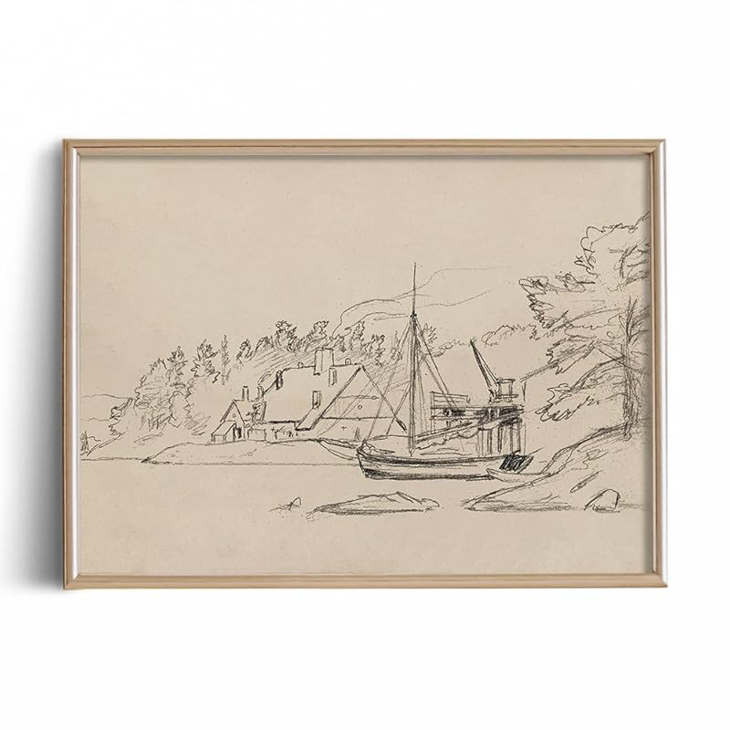 Coastal Seascape Town Etching Print Poster - Boat Ship Port Drawing Rustic Gray Building Picture ... | Amazon (US)