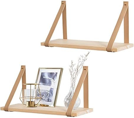 Mkono Hanging Shelf Wall Wood Floating Storage Shelves Leather Strap Swing Organizer, Set of 2 | Amazon (US)