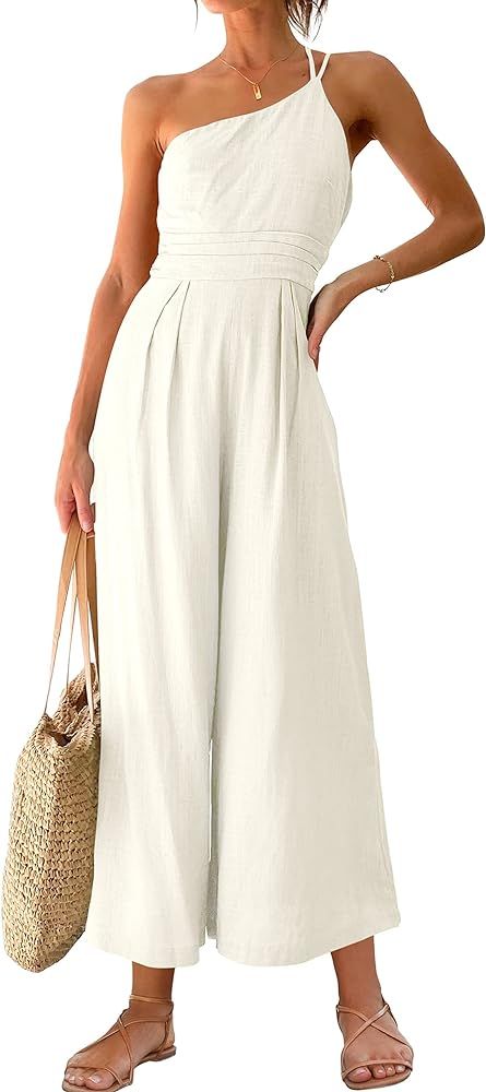 ANRABESS Women's Summer Straps One Shoulder Pleated High Waist Casual Wide Leg Jumpsuit Romper with  | Amazon (US)