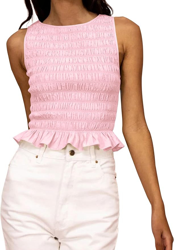 MISSACTIVER Women Casual Frill Smocked Ruffle Hem Crop Tank Top Shirred Crew Neck Sleeveless Slim... | Amazon (US)