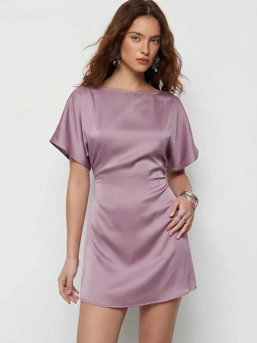 Satin Boat Neck Batwing Sleeve Oversized Mini Dress | Cider