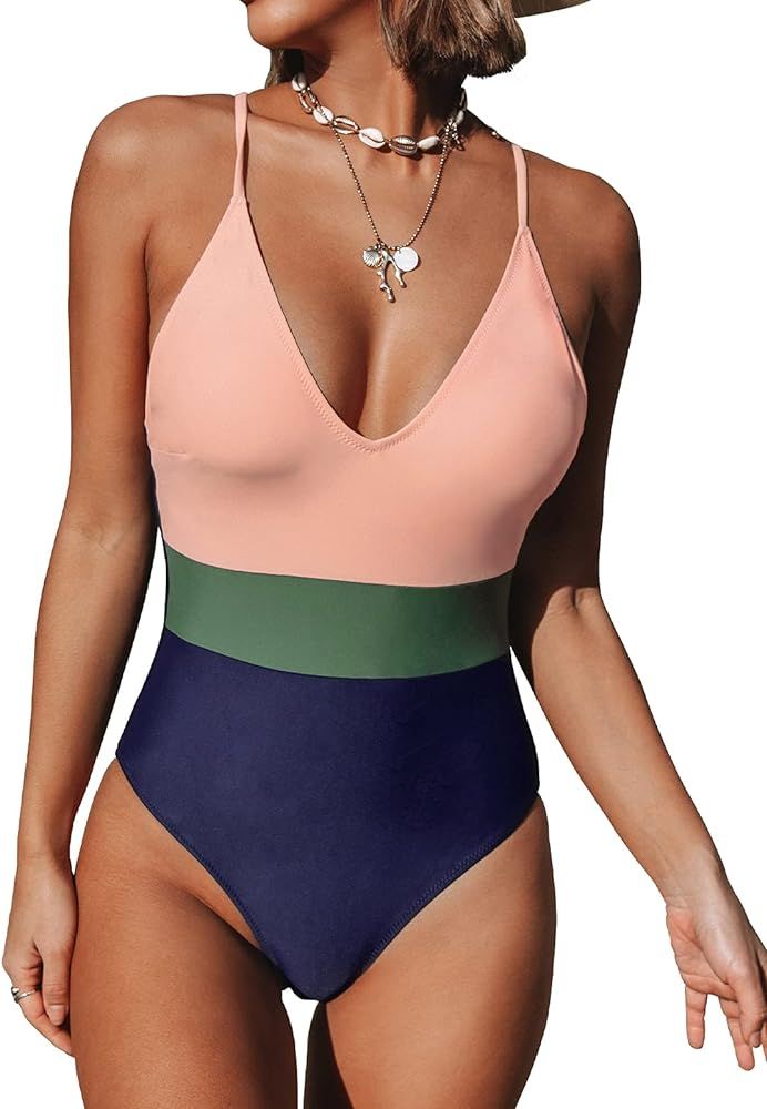 CUPSHE Women's One Piece Swimsuit V Neck Cross Back Color Block Beach Swimwear Bathing Suits | Amazon (US)