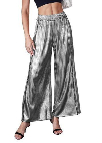 heipeiwa Women's Metallic Wide Leg Palazzo Pants Rib Pleated Raw Hem Party Club Sequin Slacks Pant | Amazon (US)