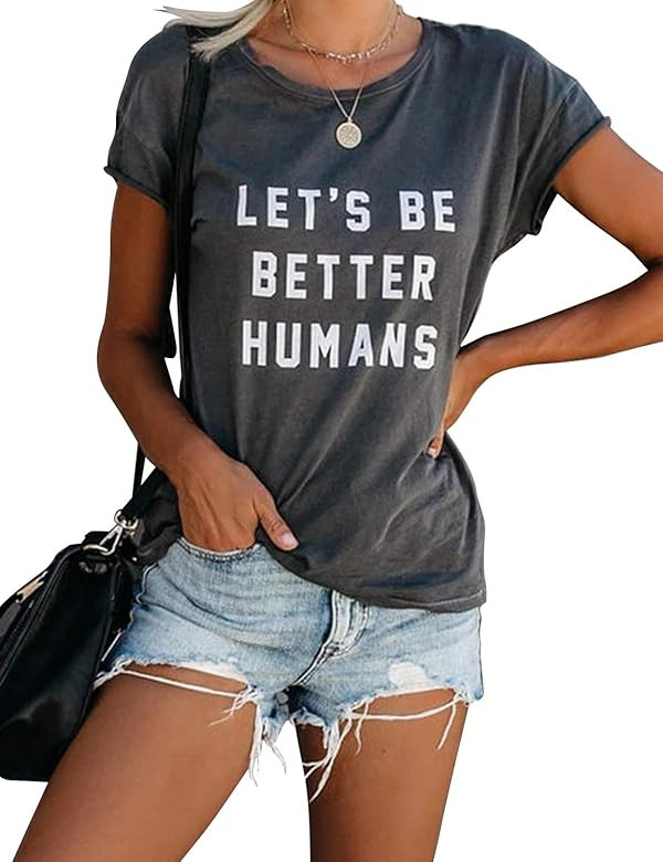 Womens Cute Graphic Tops Short Sleeve Round Neck Inspirational Letter Print T Shirt Tees | Amazon (US)