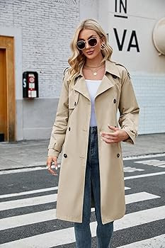 Amazon.com: Makkrom Women's Double Breasted Long Trench Coat Windproof Classic Lapel Slim Overcoa... | Amazon (US)