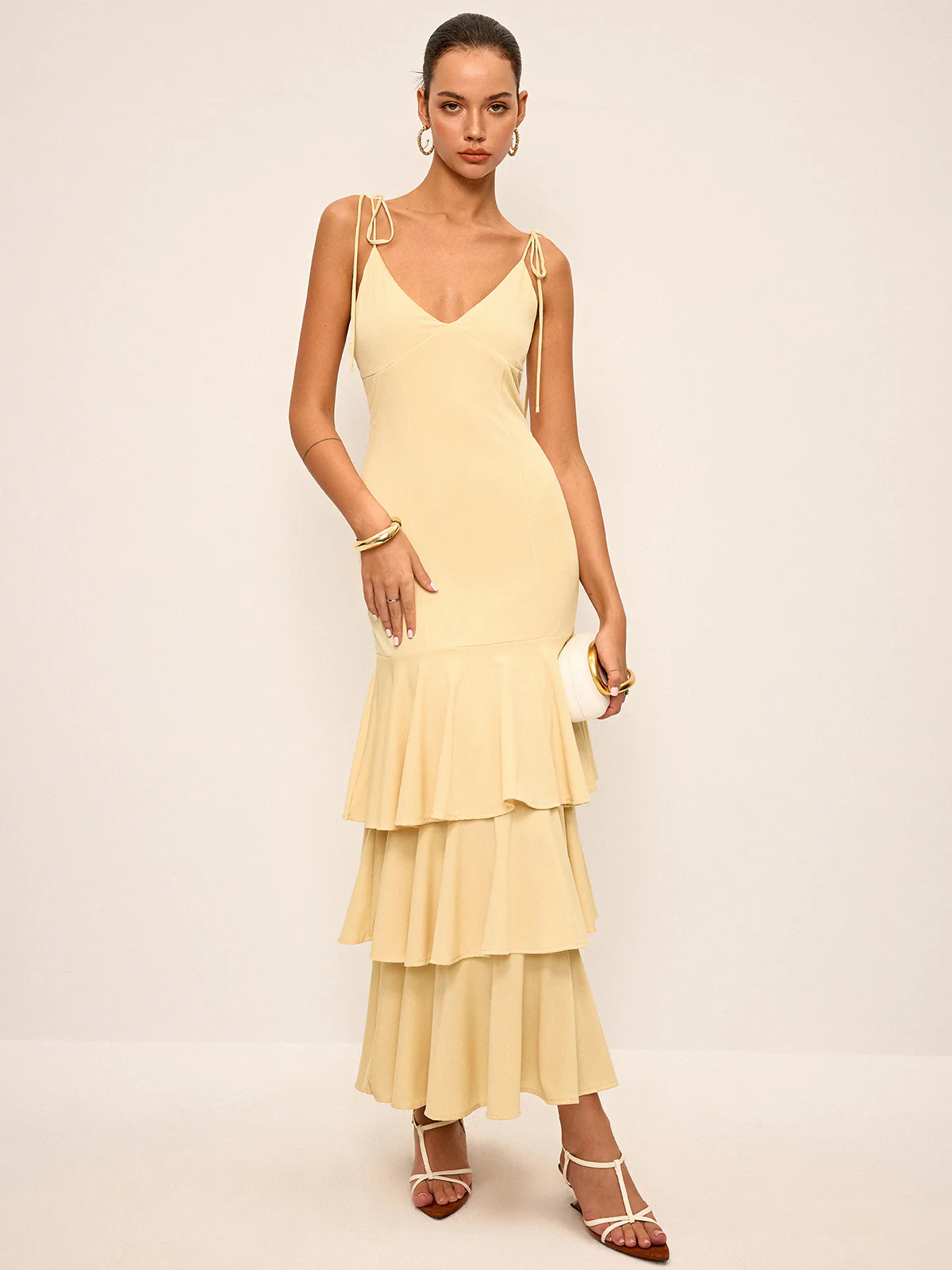 Tie-Strap Shoulder Tiered Maxi Dress | Commense