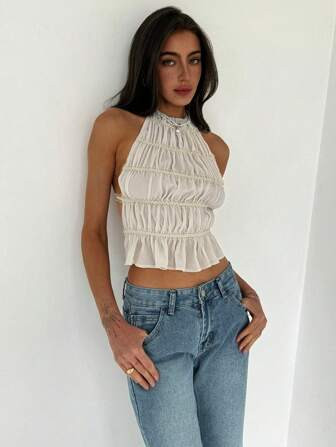 SHEIN Aloruh Women Tie Neck Adjustable Strap Sleeveless Top With Layered And Pleated Design, Perf... | SHEIN