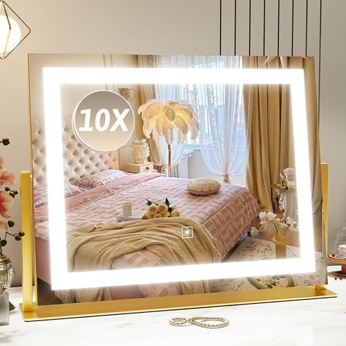 ROLOVE Vanity Mirror with Lights 22"x18", Lighted Makeup Mirror with 10X Magnification, Smart Touch 3 Colors Dimmable, 360° Rotation, Women Gift, Dresser Mount, Bathroom (Gold) | Amazon (US)