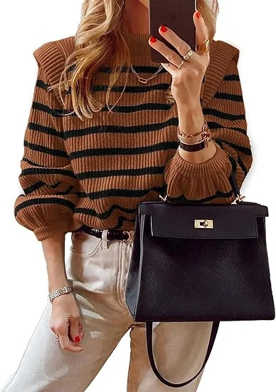 PRETTYGARDEN Fall Sweaters for Women Long Sleeve Crewneck Blouses Dressy Casual Ribbed Striped Kn... | Walmart (US)