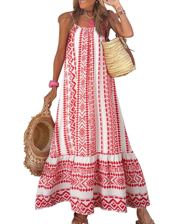 Dokotoo Women Summer Dresses 2024 Spaghetti Strap Scoop Neck Smocked Ruffle Flowy Boho Maxi Dress | Amazon (US)