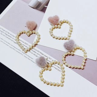 Fluffy & Faux Pearl Heart Earring | YesStyle Global