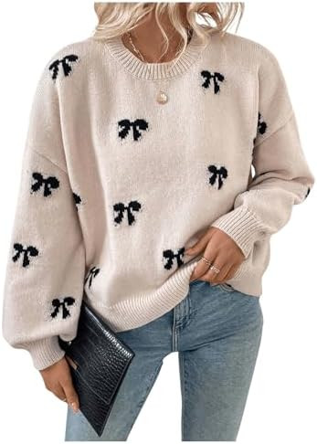 Women's Y2K Bow Sweater Cozy Fall Winter Sweaters Christmas Knit Crewneck Long Sleeve Drop Should... | Amazon (US)