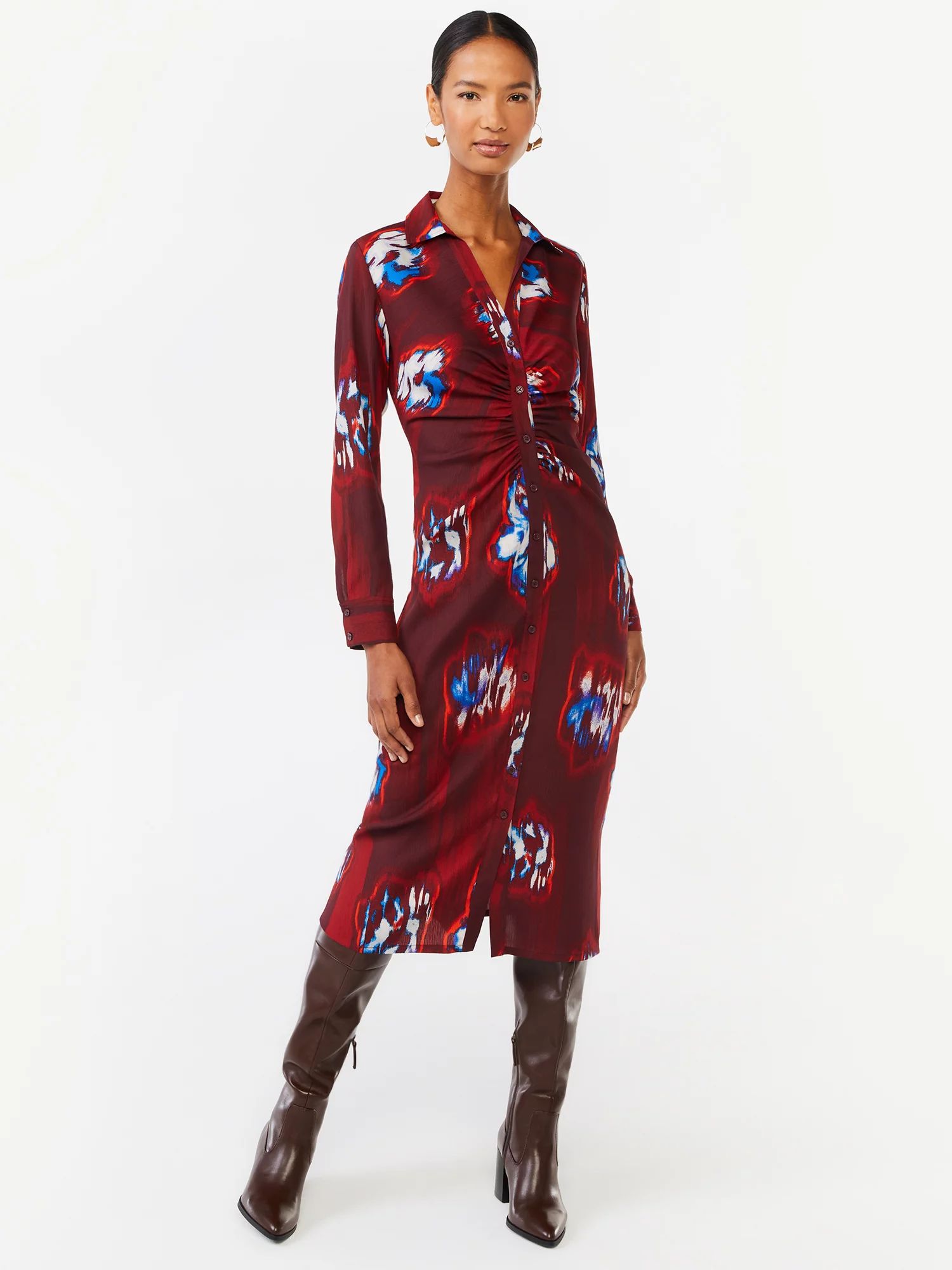 Scoop Women's Midi Shirt Dress with Ruching - Walmart.com | Walmart (US)