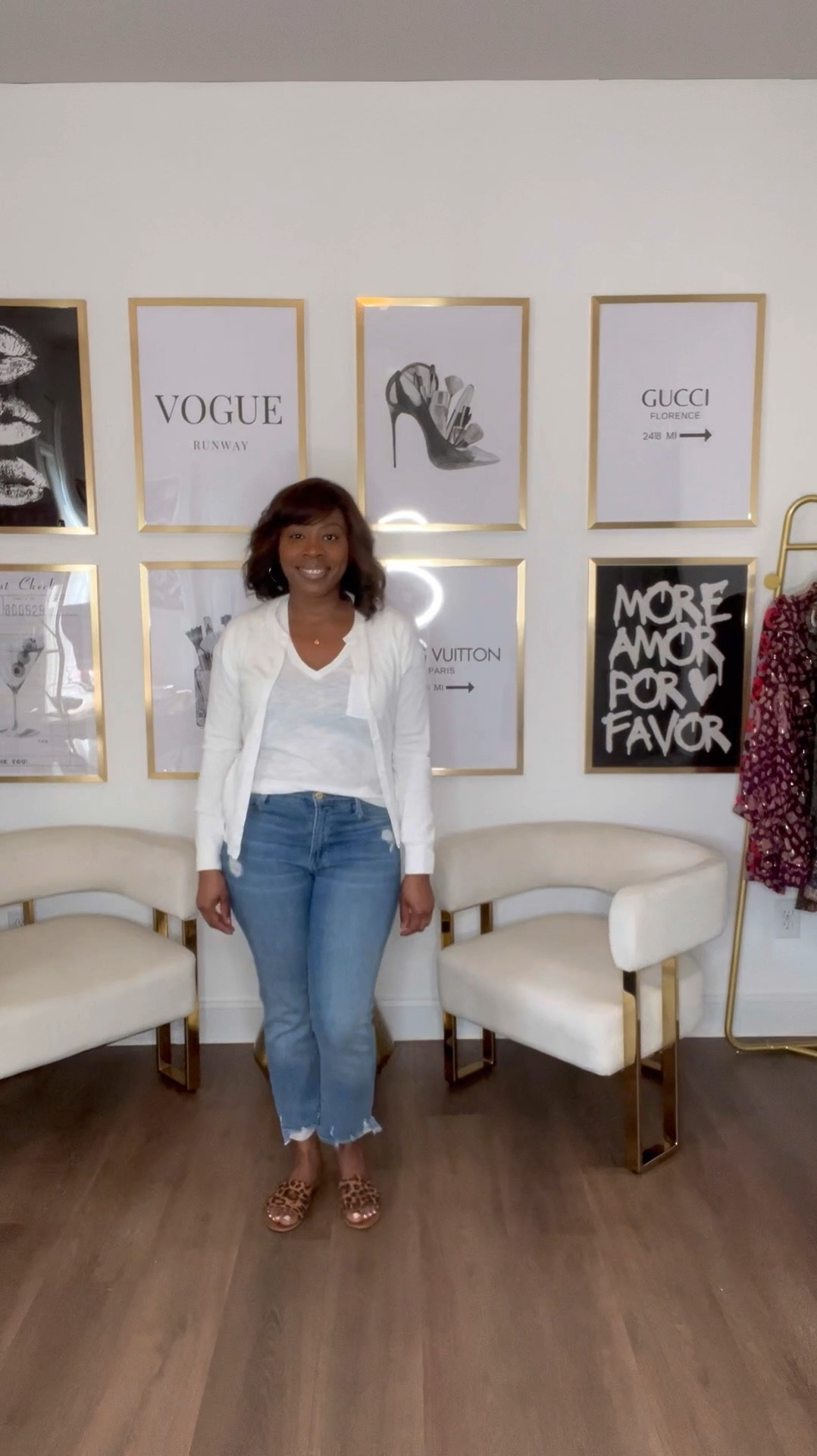 Embracing the beauty of this spring morning! Opting for a casual chic vibe for brunch with friends – sporting my beloved straight leg jeans from Frame, teamed with a classic white v-neck tee and stylish leopard slides. Layers are key to ward off the morning chill, complemented with delicate gold accessories and a nude lip for that effortless glow. Ready to step out in style!

#LTKover40 #LTKVideo #LTKmidsize