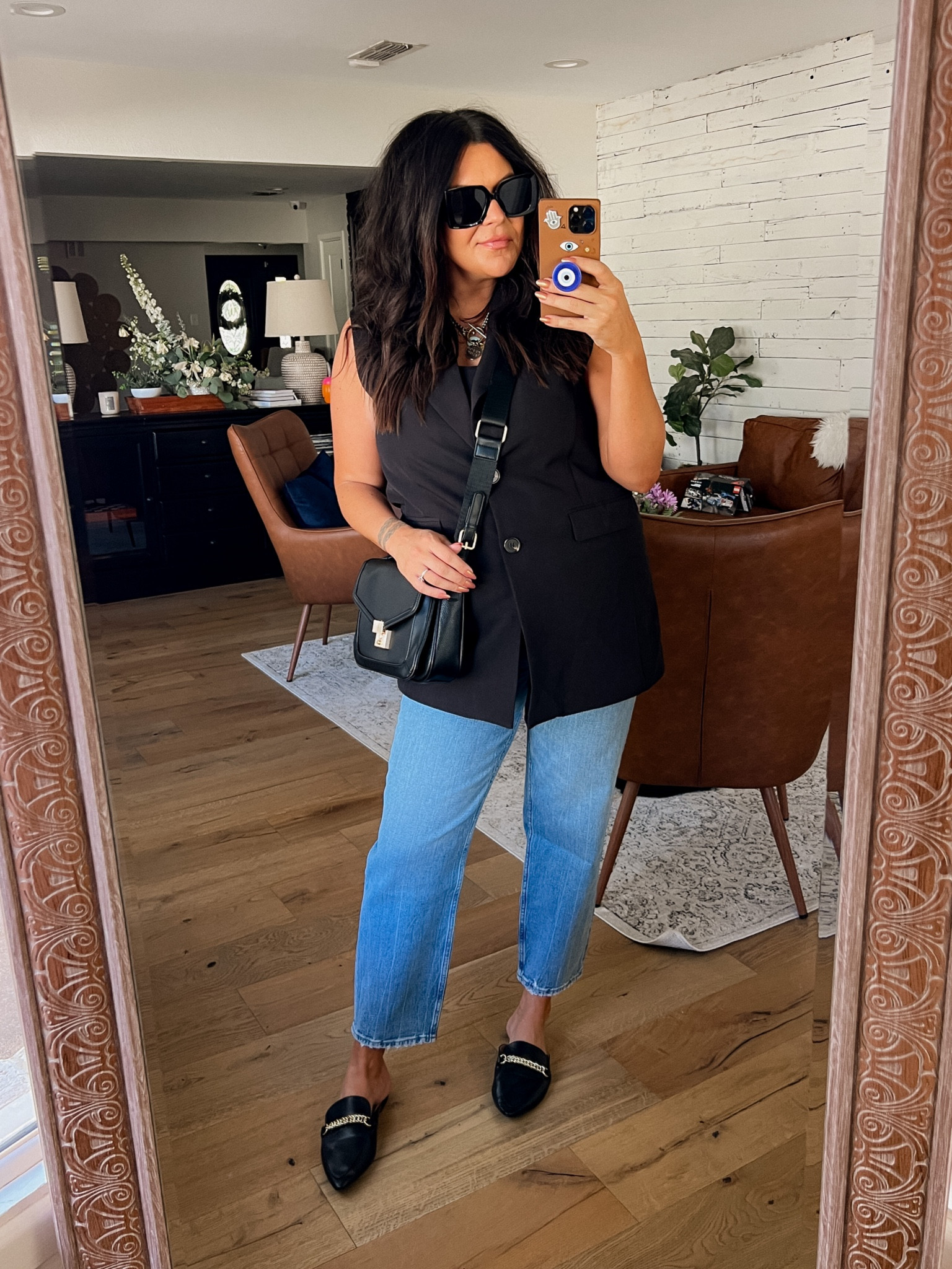 Chic postpartum outfit. Blazer vest styling and mom jeans 
Abercrombie mom jeans: size 33 (get your true size)
Blazer vest: XL
Mules: I sized up 1/2 size
Walmart chic bag
Designer dupe sunglasses

#LTKfindsunder50 #LTKstyletip #LTKmidsize