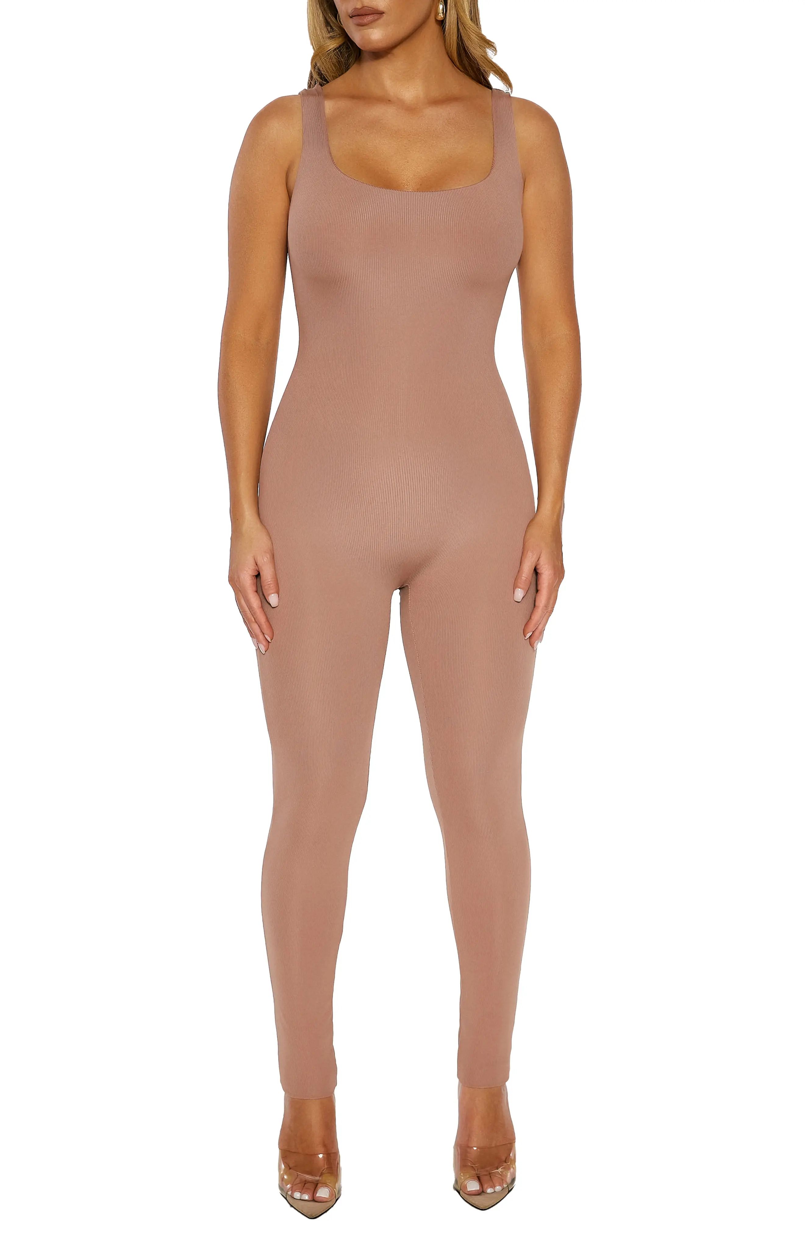 Naked Wardrobe Sleeveless Ribbed Jumpsuit, Size Large in Coco at Nordstrom | Nordstrom