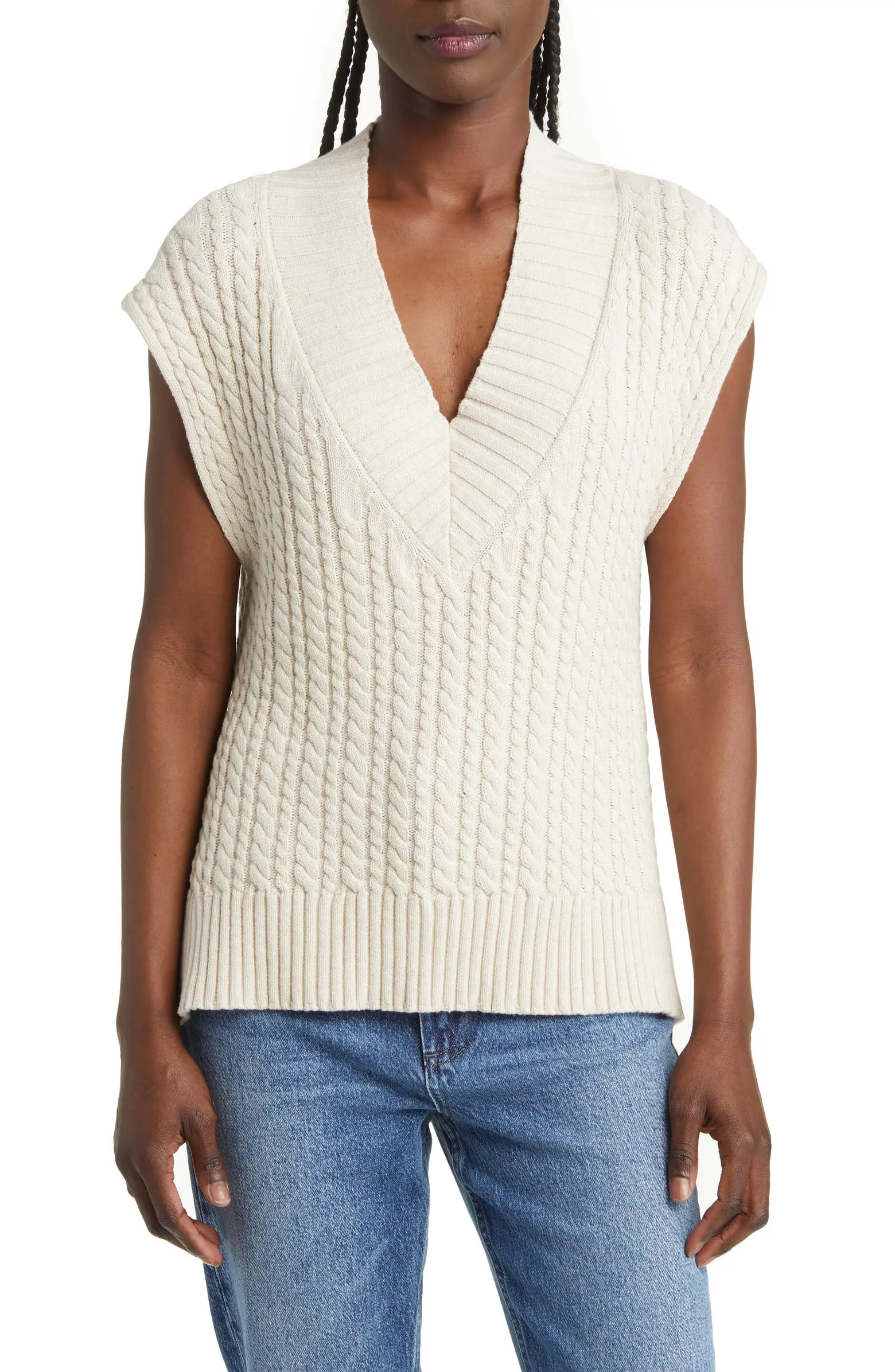Mozart Cable Stitch Cap Sleeve V-Neck Sweater | Nordstrom