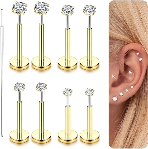 LOLIAS 14K Gold Plated Threadless Nose Studs CZ Nose Rings for Women Men 316L Surgical Steel Labr... | Amazon (US)