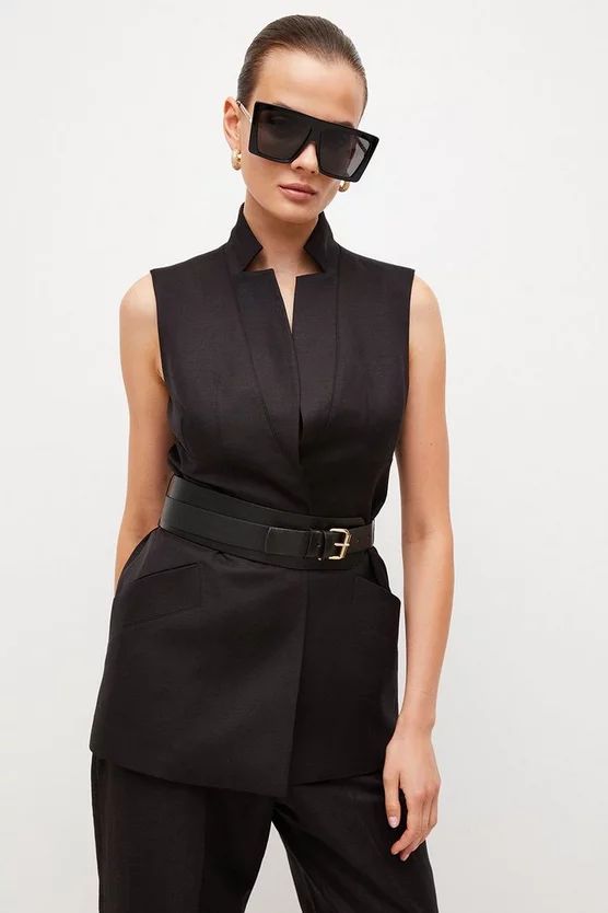 Tailored Linen Blend Sleeveless Belted Jacket | Karen Millen UK & IE
