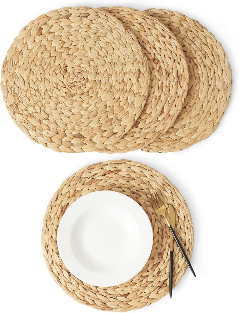 Artera Round Woven Placemats - Set of 4 15" Round, Natural Wicker Placemats, Water Hyacinth Straw... | Amazon (US)