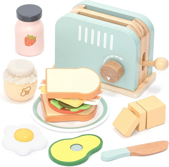 UMU® Wooden Toaster & Sandwich Play Set – Includes Pop-up Toaster, Sliceable Butter, Kitchen A... | Amazon (US)