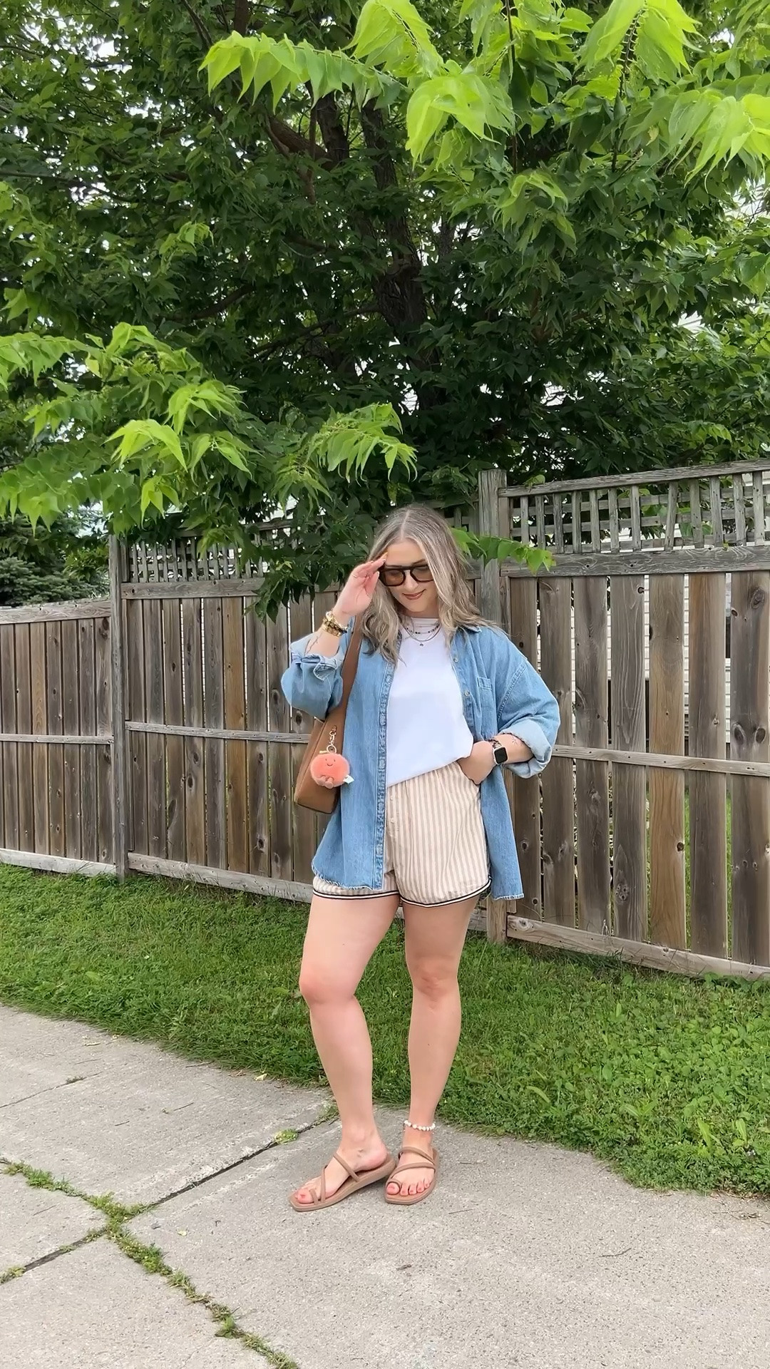 Comfy summer outfit! Wearing my usual size L in the denim shirt and striped shorts. Linked similar white tee. I’m a 9.5-10 shoe and wear a 10 in the Crocs sandals. Canadian Old Navy and Crocs links are under “similar products”

#LTKsummer #LTKmidsize #LTKsale