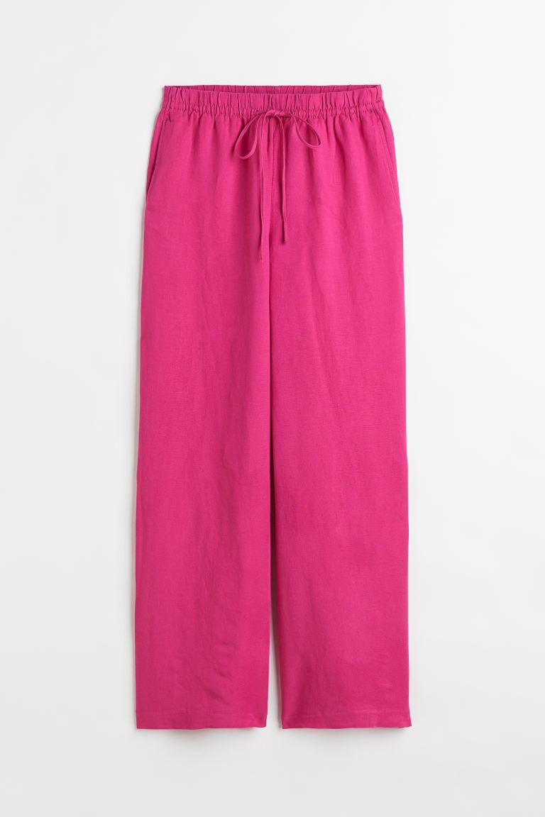 Pants in a woven linen and viscose blend. High waist, drawstring waistband with covered elastic, ... | H&M (US + CA)