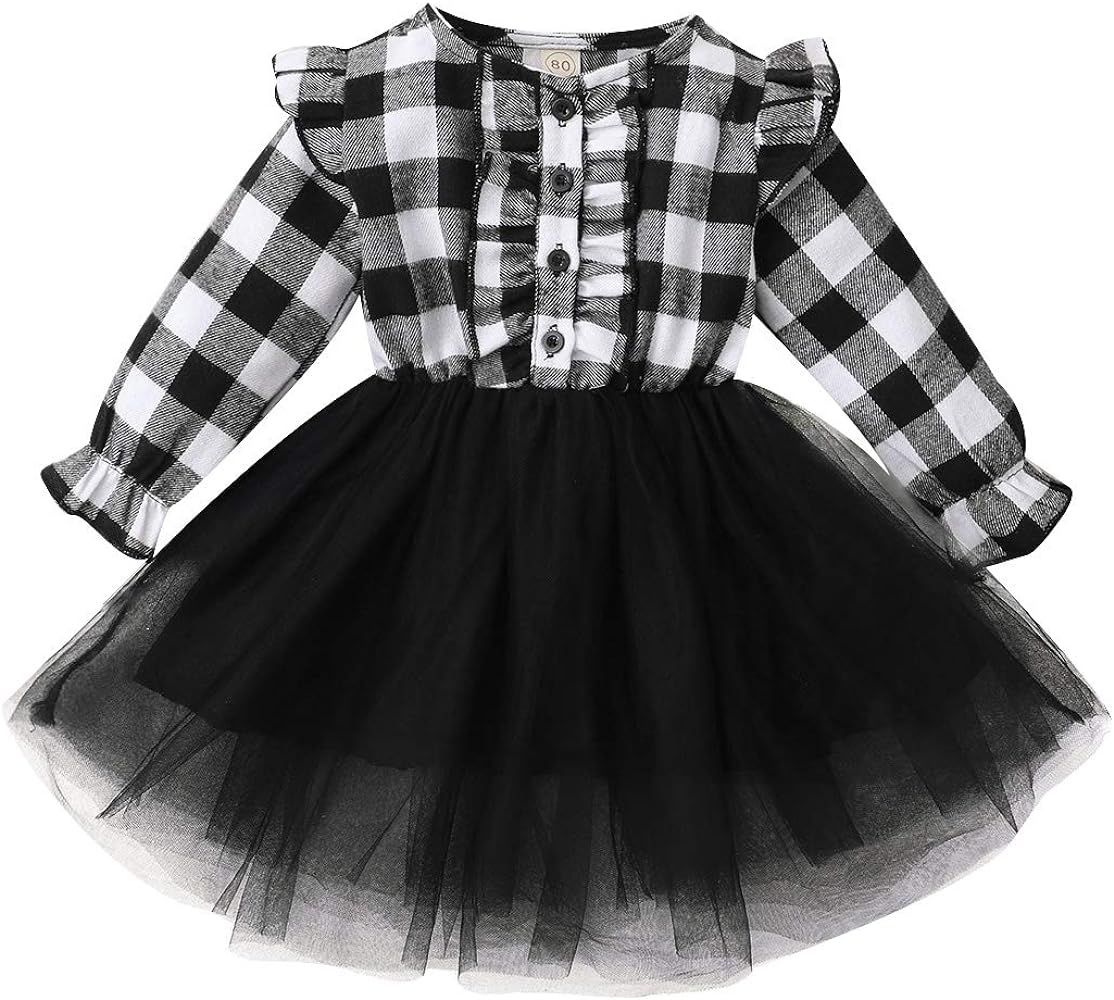 Toddler Kids Girls Clothes Christmas Dress Ruffle Red Plaid Black Mesh Skirt Outfits Overall Fall... | Amazon (US)