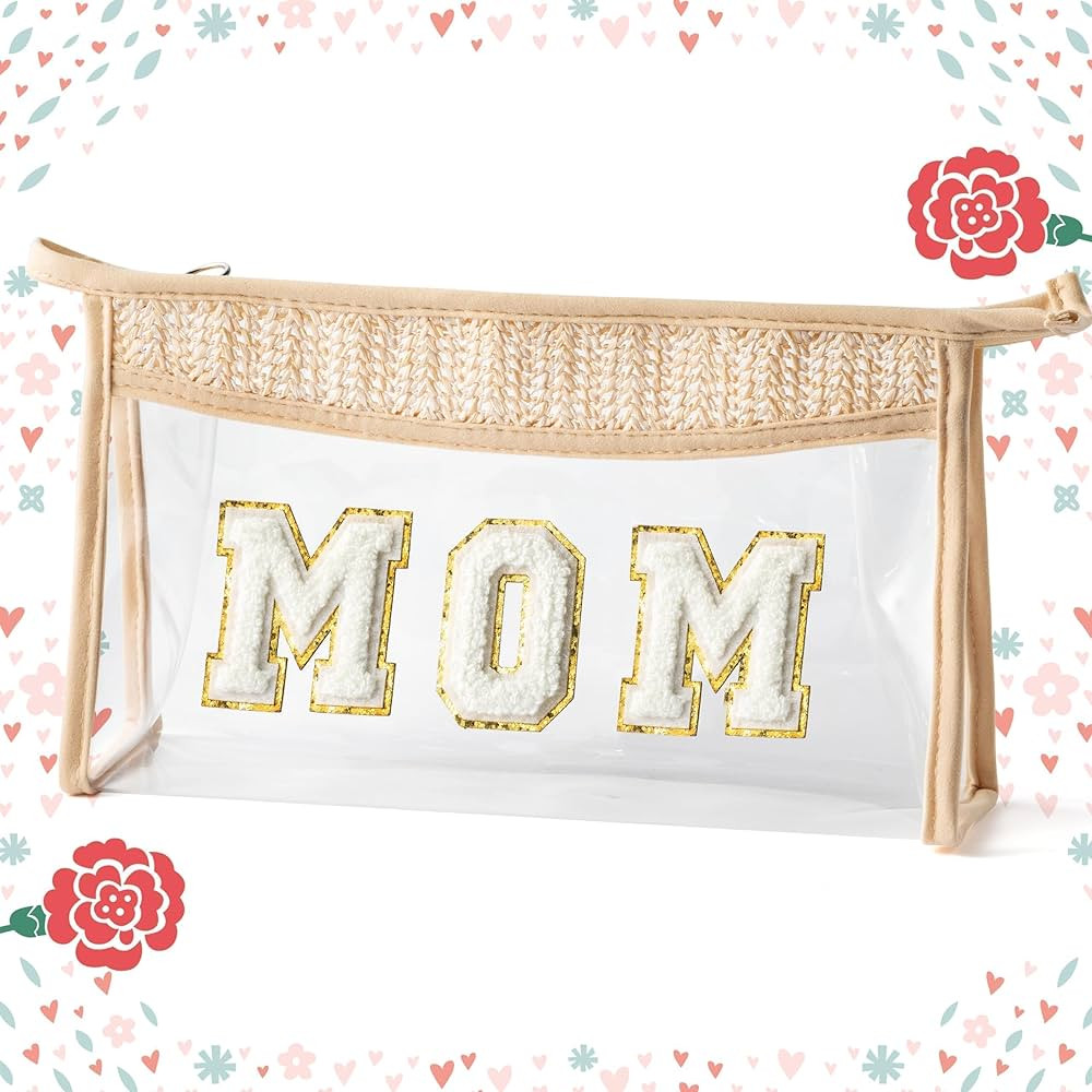 Mother's Day Cosmetic Bag - Summer Boho Patch MOM Chenille Varsity Letter Toiletry Kit Beige Clea... | Amazon (US)