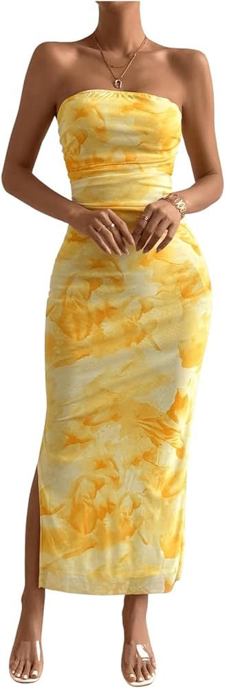Amazon.com: Milumia Women's Printed Strapless Tube Top Long Dress Slit Hem Sleeveless Bodycon Max... | Amazon (US)