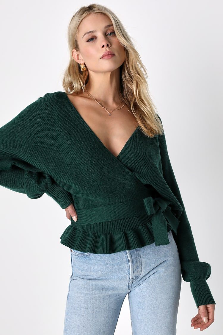 Sweet and Sophisticated Hunter Green Knit Faux-Wrap Sweater | Lulus (US)