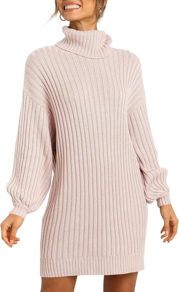 MILLCHIC Women Turtleneck Long Lantern Sleeve Sweater Dress Winter Casual Loose Knit Oversized Pullo | Amazon (US)