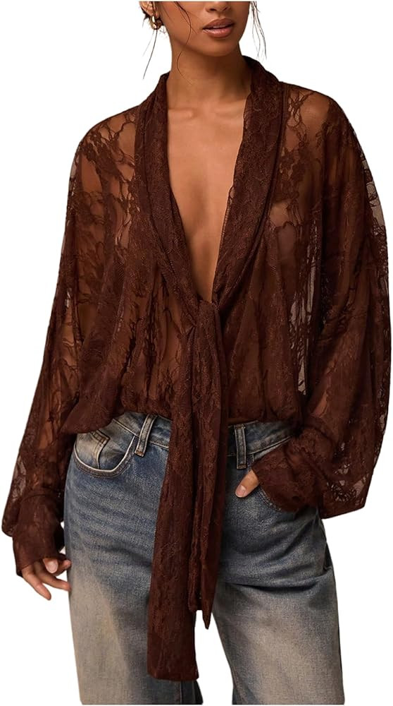 SOLY HUX Women's Lace Long Sleeve Tops Deep V Neck Sheer Mesh Top Tie Front Blouse Shirts | Amazon (US)