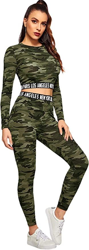 SweatyRocks Women's 2 Pieces Outfits Crop Sweatshirt and Long Pants Tracksuits Set Sportwear | Amazon (US)