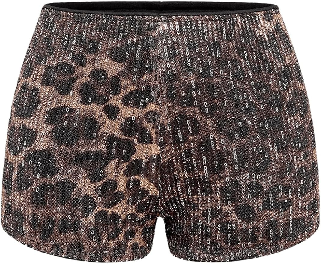 Floerns Women's Sequin Cheetah Print Rave Outfits Y2k Mini Micro Shorts | Amazon (US)