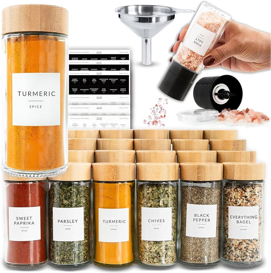 24 Glass Spice Jars with Label, Round Bamboo Spice Jar Set 4oz Seasoning Containers with Labels, ... | Amazon (US)